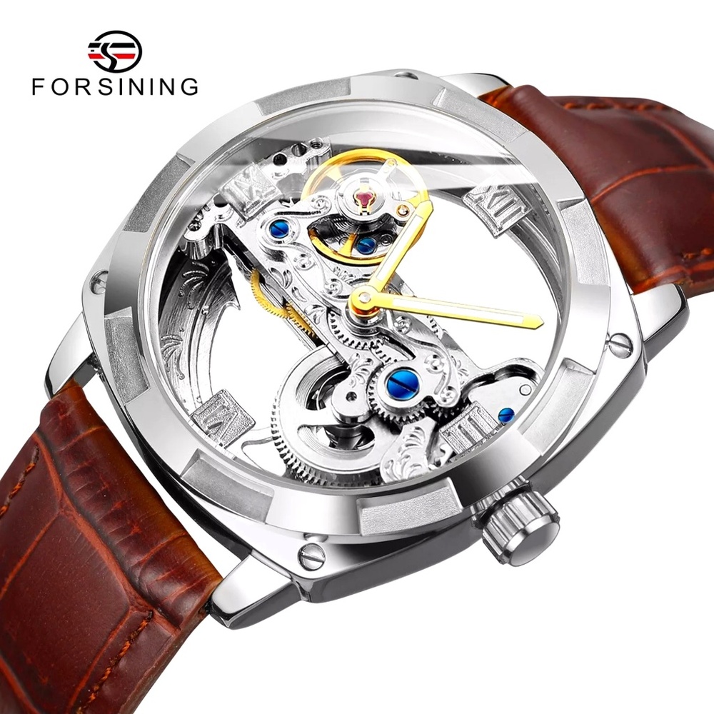 Forsining Mens Skeleton Mechanical Waterproof Luxury Watch Leather Hollow